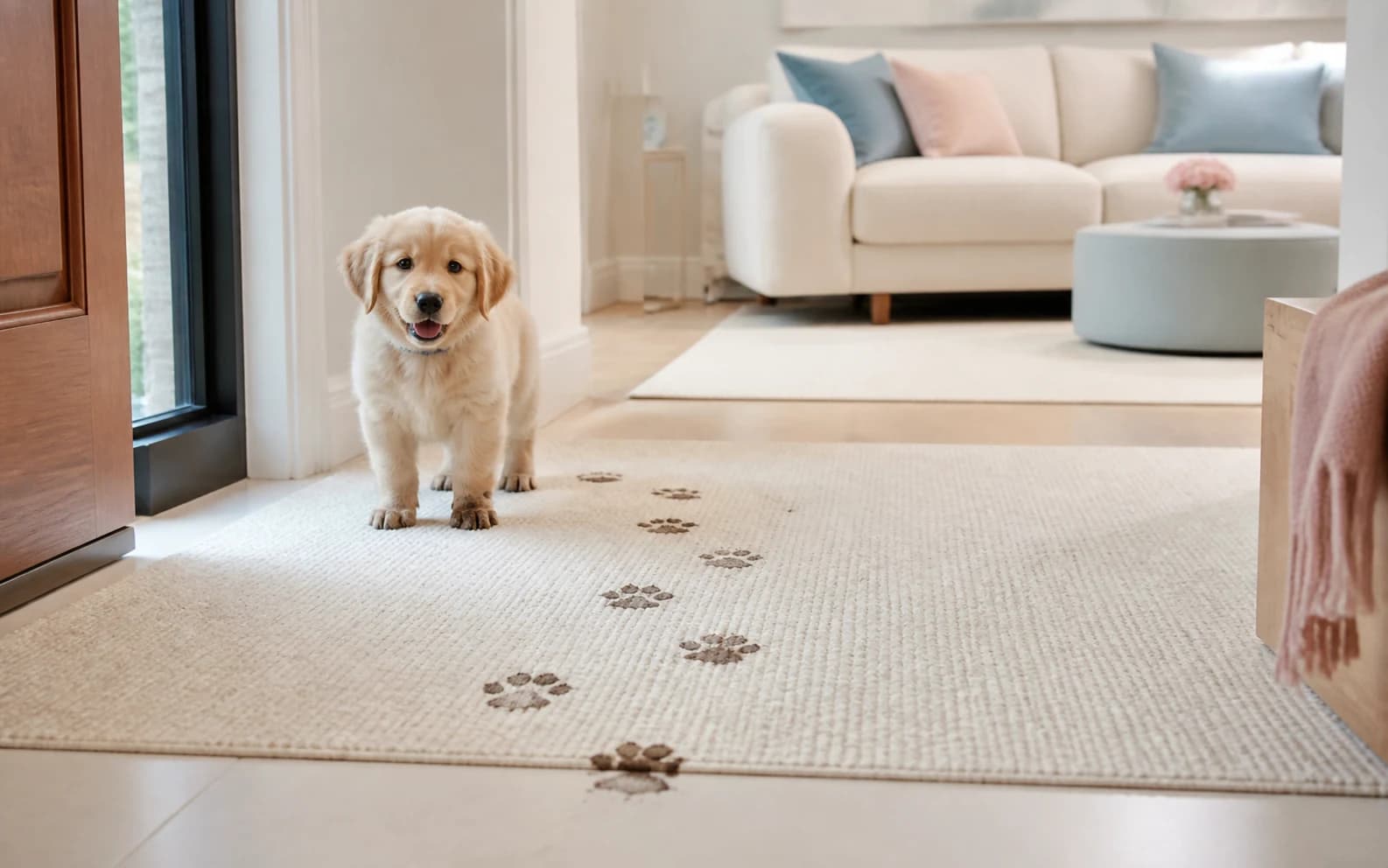 A puppy stands near the front door beside a trail of muddy paw prints across a pale rug