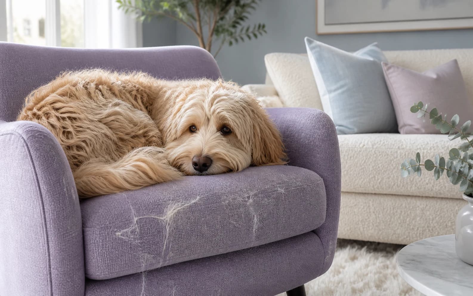 A long-haired dog curls into a lavender armchair with visible loose fur on the upholstery
