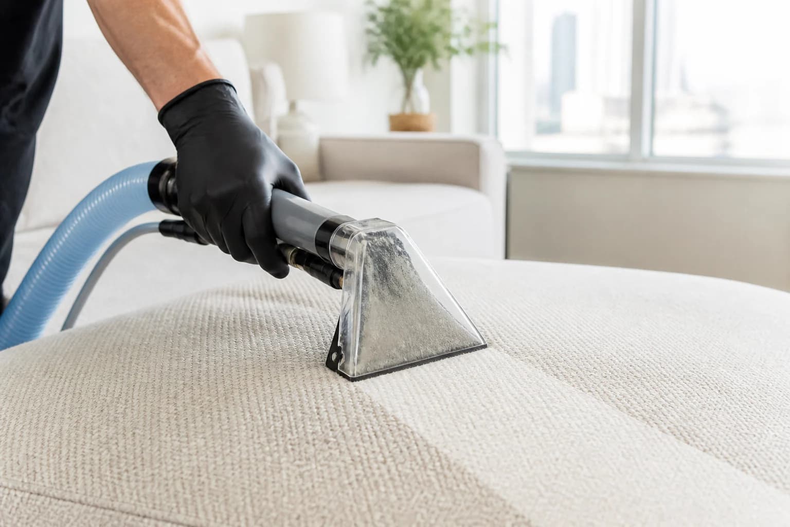 Clear upholstery extraction tool making a careful pass across a textured cream sofa cushion