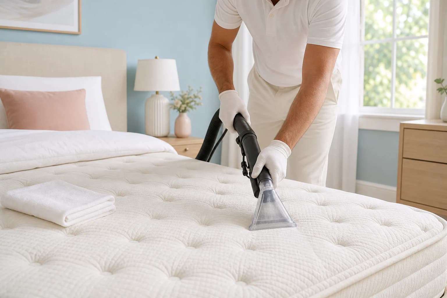 Technician using a compact clear extraction tool on a cream mattress in a daylight bedroom