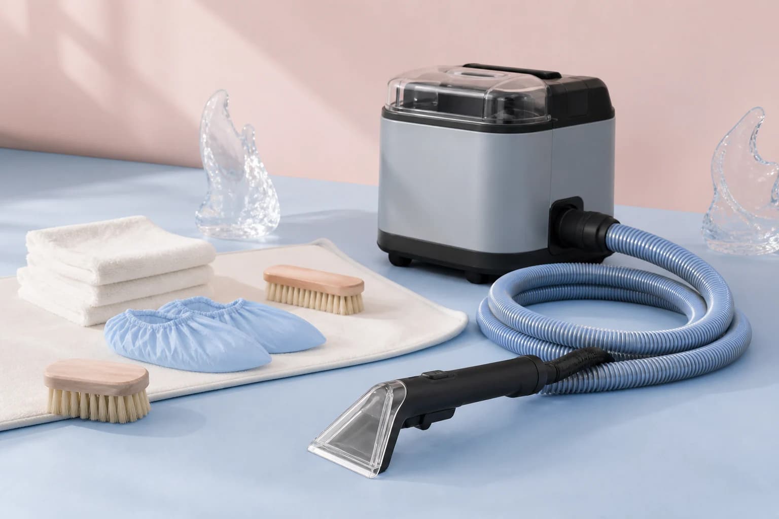 Professional extraction machine, clear upholstery tool, hose, brushes, towels, and protective supplies arranged neatly