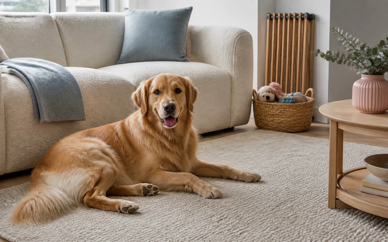 A calm young adult golden retriever rests on a pale rug beside a cream boucle sofa and a tidy basket of well-loved puppy toys